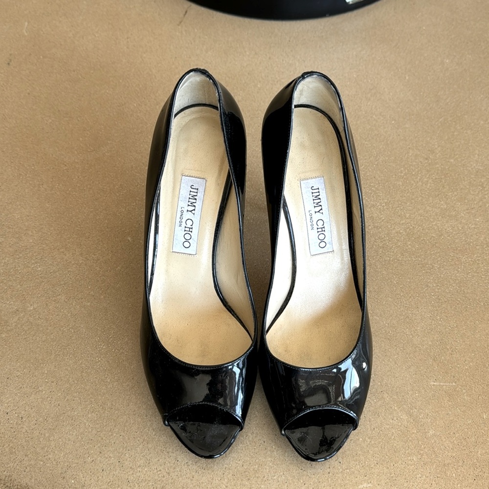 Jimmy Choo 4” open toe Pump black patent leather.  Great condition.